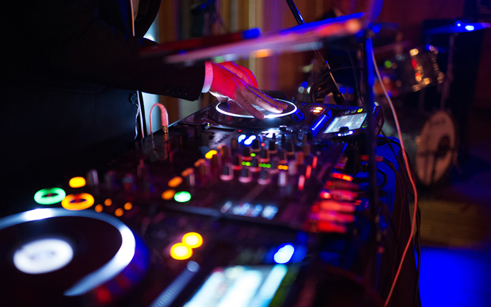 DJ, disco, DJ console, musicians, neon lights, night party