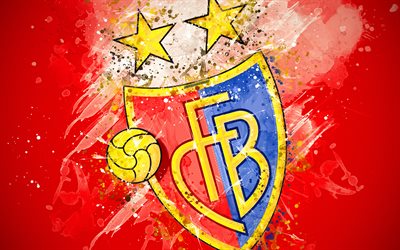 FC Basel, 4k, paint art, logo, creative, Swiss football team, Swiss Super League, emblem, red background, grunge style, Basel, Switzerland, football