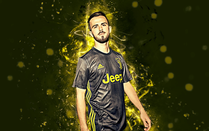 4k, Miralem Pjanic, svart uniform, abstrakt konst, Juventus, fotboll, Serie A, Pjanic, neon lights, fotbollsspelare, Juventus FC, kreativa