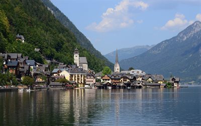 Lago Hallstatt, &#193;ustria, ver&#227;o, lago de montanha, paisagem de montanha, Alpes, De Hallstatt, Salzkammergut
