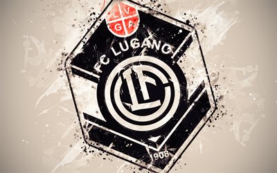 FC Lugano, 4k, paint art, logo, creative, Swiss football team, Swiss Super League, emblem, white background, grunge style, Lugano, Switzerland, football
