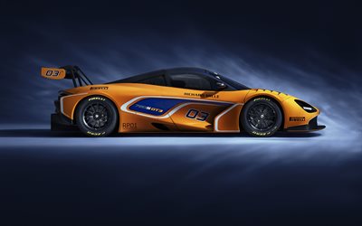 McLaren GT3 720S, 2019, 4k, supercar, vista lateral, carro de corrida, novo laranja 720S, Brit&#226;nica de carros esportivos, McLaren