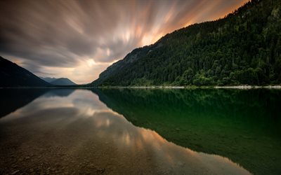 Alemanha, lago, p&#244;r do sol, montanhas, Baviera, Europa