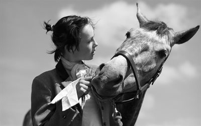 Edie Campbell, photoshoot, British top model, monochrome photo, woman with horse