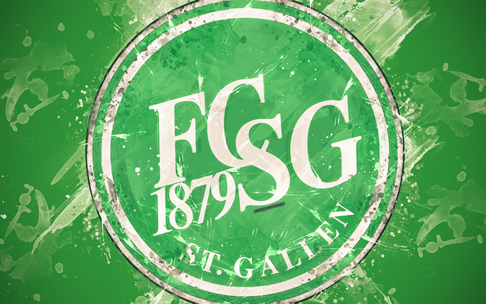 FC St Galen, 4k, boya, sanat, logo, yaratıcı, İsvi&#231;re futbol takımı, İsvi&#231;re S&#252;per Ligi, amblemi, yeşil arka plan, grunge tarzı, St Galen, İsvi&#231;re, futbol