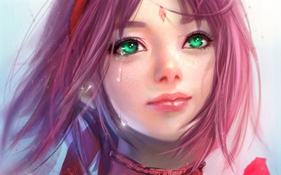 Sakura Haruno, cry, manga, green eyes, artwork, anime characters, Naruto