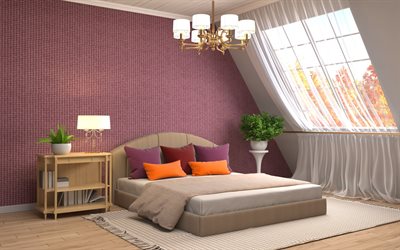 お洒落なベッドルーム, モダンなインテリアデザイン, 紫色の壁, プロジェクト
