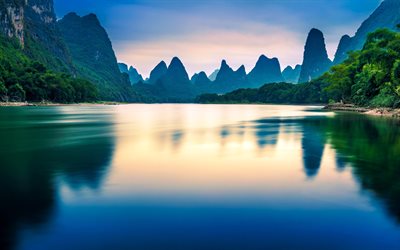 Kina, sj&#246;n, berg, djungel, morgon, Asien