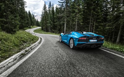 Lamborghini Aventador S, 2018, 4k, rear view, blue supercar, forest road, Italian supercar, blue Aventador, Lamborghini
