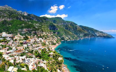 Positano, kes&#228;ll&#228;, meri, rannikolla, Italia, Amalfi, Euroopassa