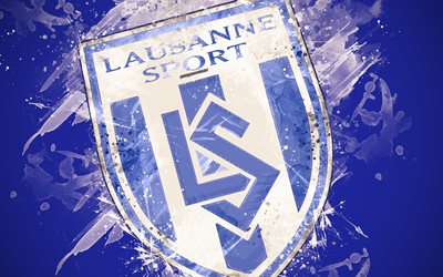 Le FC Lausanne-Sport, 4k, peinture d&#39;art, de logo, de cr&#233;ativit&#233;, de Suisse de football de l&#39;&#233;quipe, en Super League Suisse, embl&#232;me, fond bleu, style grunge, Lausanne, Suisse, le football