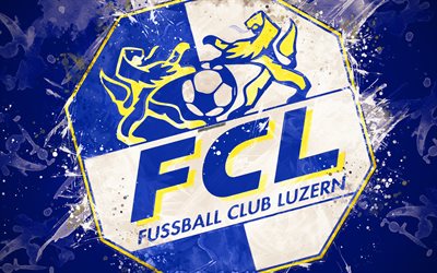 FC Luzern, 4k, 塗装の美術, ロゴ, 創造, スイスのサッカーチーム, スイスのスーパーリーグ, エンブレム, 青色の背景, グランジスタイル, ルツェルン, スイス, サッカー