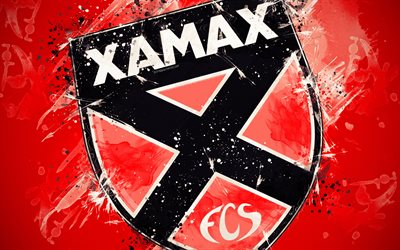 Neuchatel Xamax FC, 4k, paint art, logo, creative, Swiss football team, Swiss Super League, emblem, red background, grunge style, Neuchatel, Switzerland, football