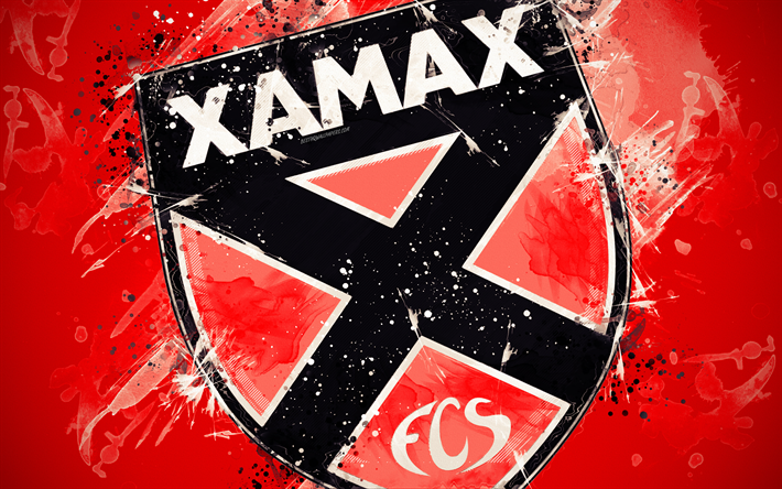Neuchatel Xamax FC, 4k, الطلاء الفن, شعار, الإبداعية, السويسري لكرة القدم, السويسري في الدوري الممتاز, خلفية حمراء, أسلوب الجرونج, نيوشاتيل, سويسرا, كرة القدم