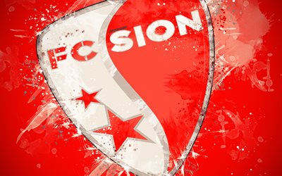 FC Sion, 4k, paint taidetta, logo, luova, Sveitsin jalkapallomaajoukkue, Sveitsin Super League, tunnus, punainen tausta, grunge-tyyliin, Sion, Sveitsi, jalkapallo