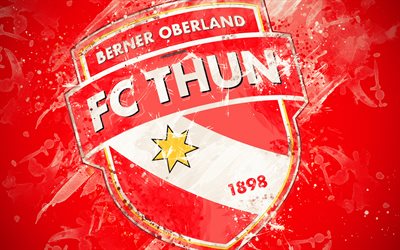 FC Thun, 4k, paint taidetta, logo, luova, Sveitsin jalkapallomaajoukkue, Sveitsin Super League, tunnus, punainen tausta, grunge-tyyliin, Thun, Sveitsi, jalkapallo