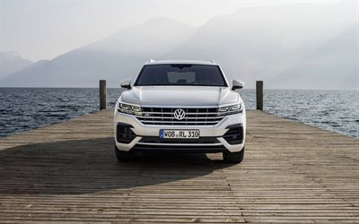 4k, Volkswagen Touareg, 2018, SUV, R-Line, front view, headlights, new white Touareg, luxury SUV, German cars, Volkswagen