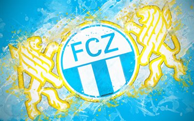 Le FC Zurich, 4k, peinture d&#39;art, de logo, de cr&#233;ativit&#233;, de Suisse de football de l&#39;&#233;quipe, en Super League Suisse, embl&#232;me, fond bleu, style grunge, Zurich, Suisse, le football