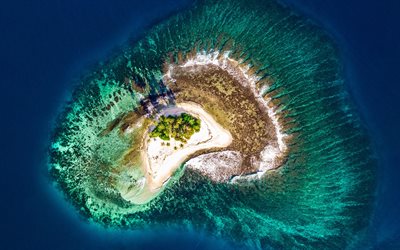 4k, Luxurious island, palms, ocean, tropical island, aerial view, beach, romantic places