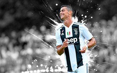 4k, Cristiano Ronaldo, kuvitus, grunge, CR7 Juve, valkoinen univormu, Juventus, jalkapallo, Serie, Ronaldo, CR7, ottelu, jalkapalloilijat, luova, Juventus FC