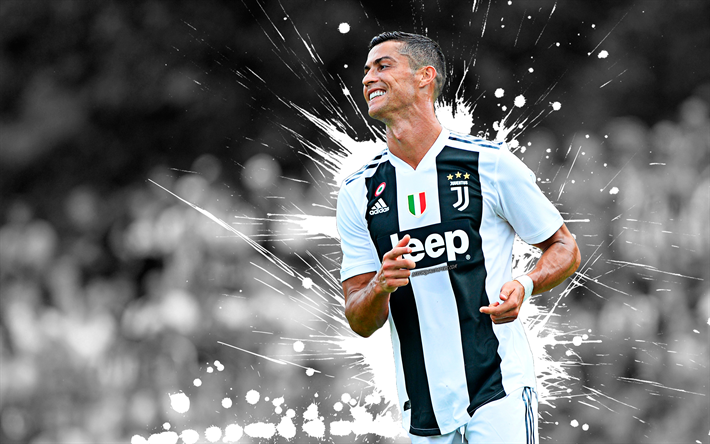4k, Cristiano Ronaldo, artwork, grunge, CR7 Juve, white uniform, Juventus, soccer, Serie A, Ronaldo, CR7, match, footballers, creative, Juventus FC, Bianconeri