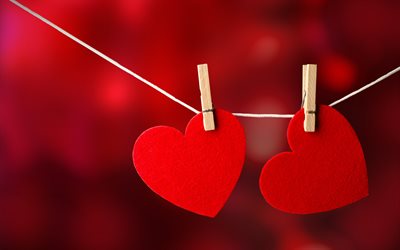red hearts, dark red background, hearts on clothespins, background with hearts, romance, Valentines Day