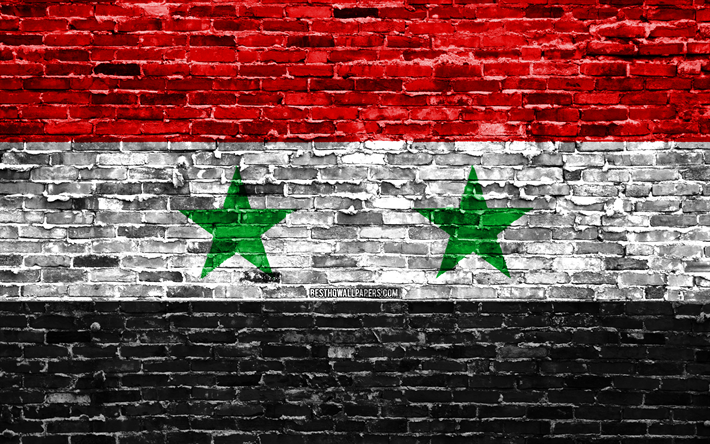 4k, Syrian flag, bricks texture, Asia, national symbols, Flag of Syria, brickwall, Syria 3D flag, Asian countries, Syria