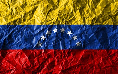 Venezuelan flag, 4k, crumpled paper, South American countries, creative, Flag of Venezuela, national symbols, South America, Venezuela 3D flag, Venezuela