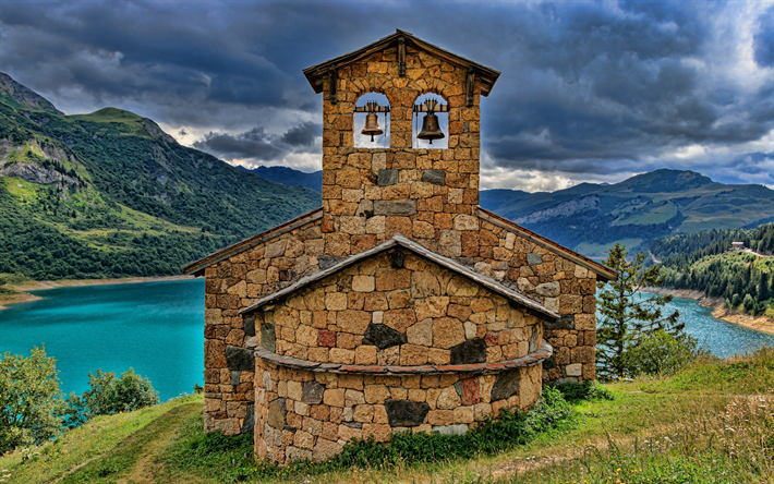 Capella de Roselend, Alperna, vacker natur, Beaufort, Savoie, Frankrike, Europa, HDR
