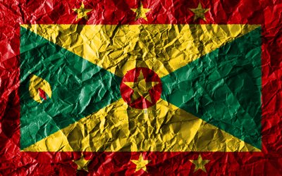 Grenadas flagga, 4k, skrynkliga papper, Nordamerikanska l&#228;nder, kreativa, Flagga Sverige, nationella symboler, Nordamerika, Grenada 3D-flagga, Grenada