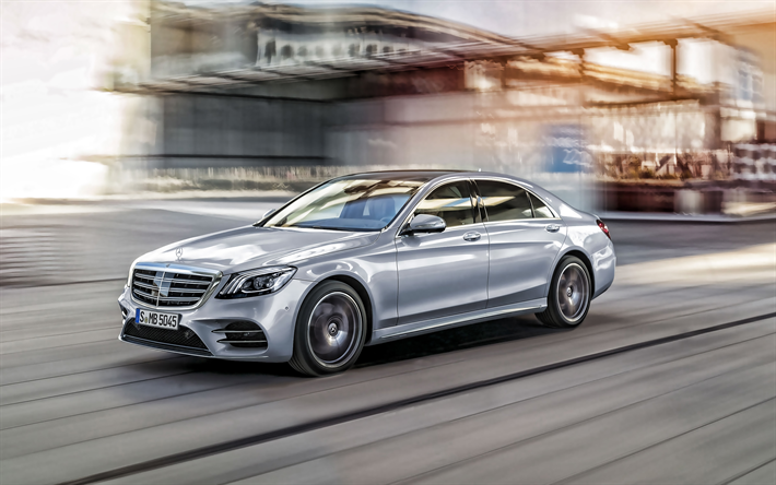 Mercedes-Benz S-Klass, 2019, exteri&#246;r, framifr&#229;n, lyx sedan, nytt silver S-Klass, silver W222, Tyska bilar, Mercedes