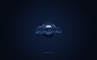 Milwaukee Brewers, American baseball club, MLB, blue logo, blue carbon fiber background, baseball, Milwaukee, Wisconsin, USA, Major League Baseball, Milwaukee Brewers logo