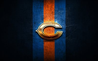 chicago bears, golden logo, nfl, blau metall-hintergrund, american football club, chicago bears logo, american football, usa