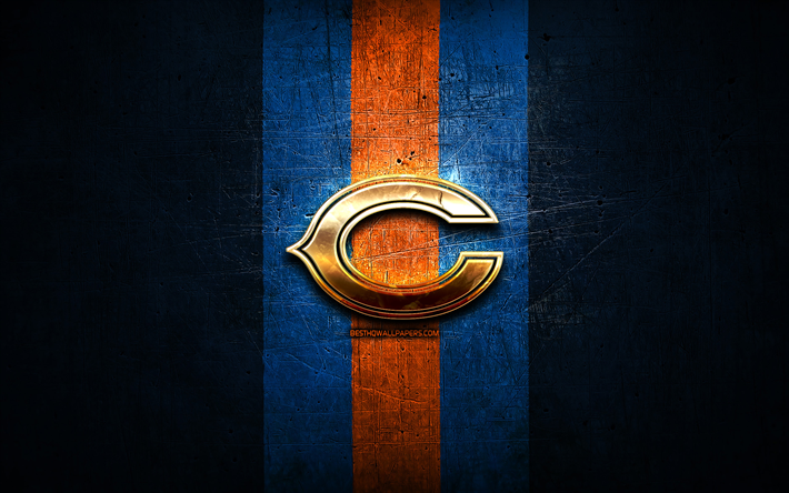 Chicago Bears, golden logo, NFL, blue metal background, american football club, Chicago Bears logo, american football, USA