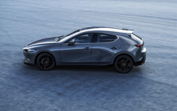 Mazda 3, 2019, exterior, cinza hatchback, vista lateral, novo tom de cinza Mazda 3, Carros japoneses, Mazda
