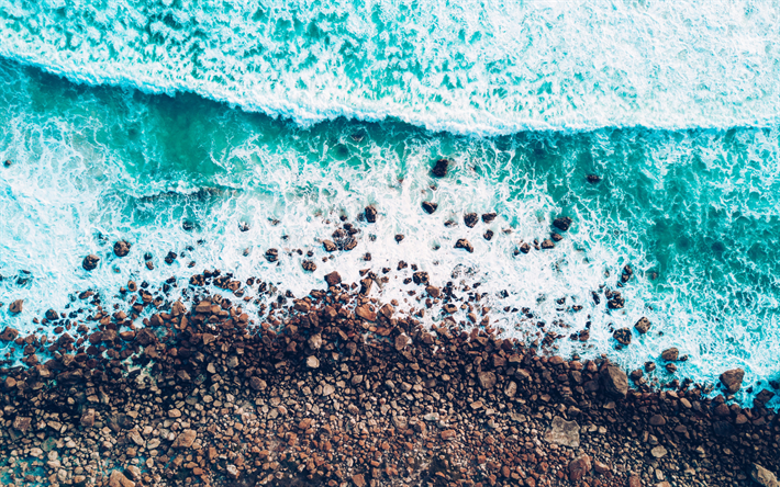 de la c&#244;te, la mer, les vagues, les pierres, les cailloux, vue de dessus, paysage marin