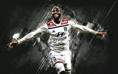Moussa Dembele, Ranskalainen jalkapalloilija, Olympique Lyon, muotokuva, creative art, harmaa kivi tausta, League 1, Ranska, jalkapallo, Olympique lyonnais