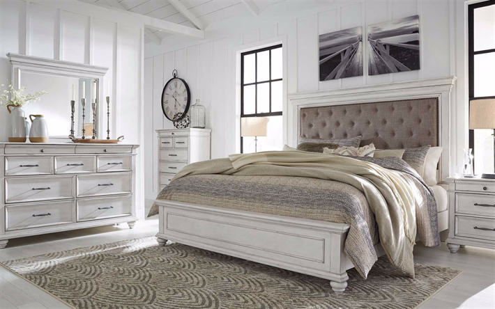 stylish bedroom interior, classic style, American style, bedroom, bright furniture, bedroom in white