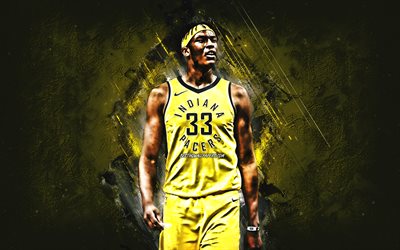 Myles Turner, Indiana Pacers, portrait, American basketball player, NBA, USA, basketball, yellow stone background
