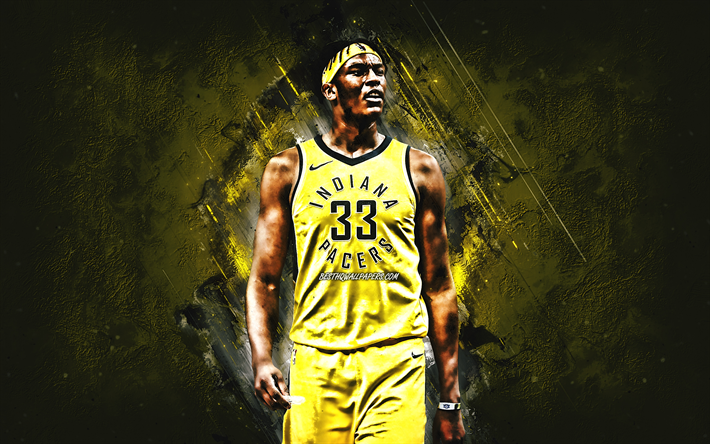 Myles Turner, Indiana Pacers, ritratto, giocatore di basket Americano, NBA, USA, basket, pietra gialla di sfondo