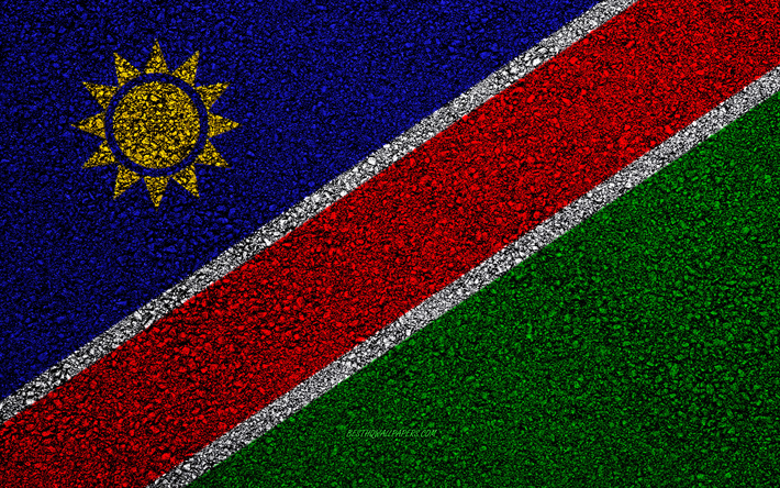 Flag of Namibia, asphalt texture, flag on asphalt, Namibia flag, Africa, Namibia, flags of African countries