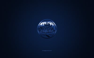 New York Mets, American baseball club, MLB, blue logo, blue carbon fiber background, baseball, New York, USA, Major League Baseball, New York Mets logo
