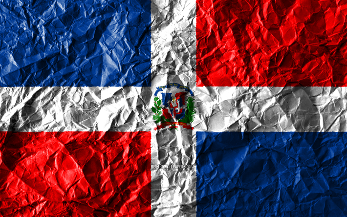 Dominikanska Republiken flaggan, 4k, skrynkliga papper, Nordamerikanska l&#228;nder, kreativa, Flagga av Dominikanska Republiken, nationella symboler, Nordamerika, Dominikanska Republiken