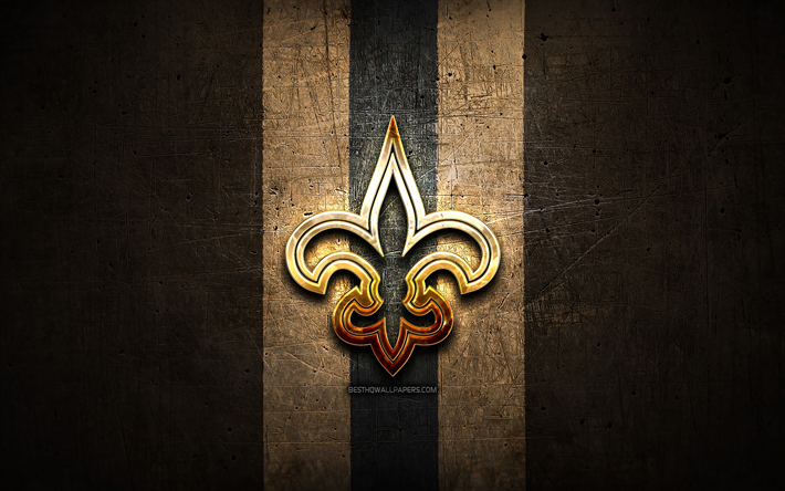 New Orleans Saints, logo dorato, NFL, marrone, metallo, sfondo, club di football americano, New Orleans Saints logo, football americano, USA