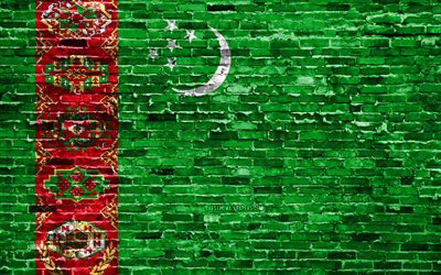 4k, turkmeni bandiera, mattoni texture, Asia, simboli nazionali, Bandiera del Turkmenistan, brickwall, Turkmenistan 3D bandiera, paesi Asiatici, Turkmenistan