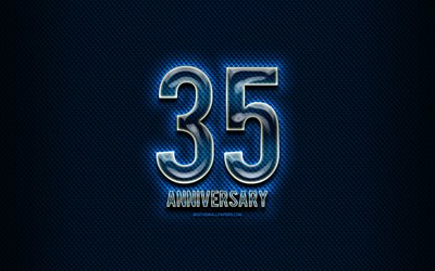 35 &#176; anniversario, vetro segni, blu, grunge, sfondo, 35 Anni, Anniversario, anniversario, concetti, creativit&#224;, Vetro 35 &#176; anniversario segno