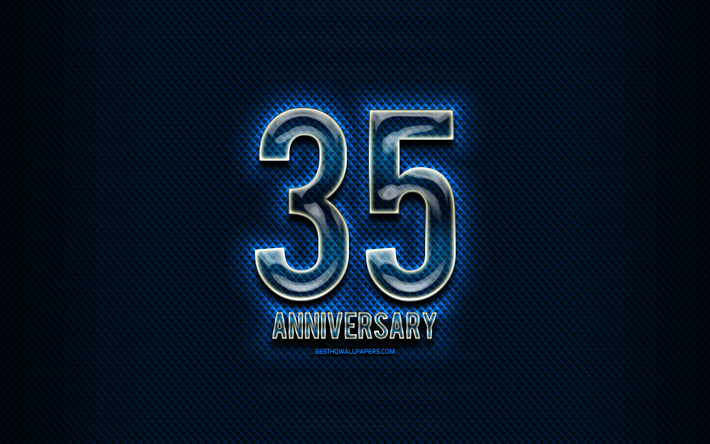 35e anniversaire, panneaux en verre, bleu grunge fond, 35 Ans, Anniversaire, anniversaire, concepts, cr&#233;ativit&#233;, en Verre 35 signe d&#39;anniversaire