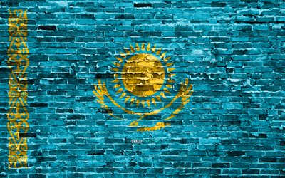 4k, Kazakstanin lippu, tiilet rakenne, Aasiassa, kansalliset symbolit, Lipun Kazakstan, brickwall, Kazakstan 3D flag, Aasian maissa, Kazakstan