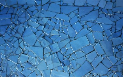 4k, cam kırıkları, mozaik, kırık cam doku, cam kırığı, kırık cam dokular, kırık cam, mavi arka planlar, dokular, cam