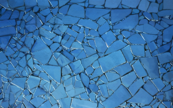 4k, ガラス, モザイク, 割れたガラスの質感, ガラスsplinters, 割れたガラス, 青色の背景, ガラスの質感